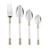 Four-piece silver cutlery set with textured gold and silver handles, displayed vertically on white background.